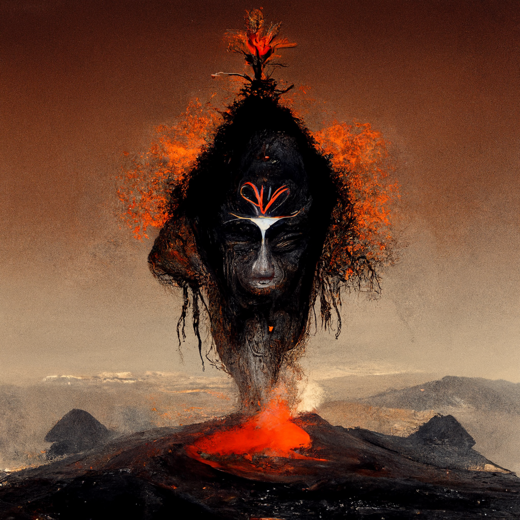 "volcanic shaman spirit emerging from the earth" made with MidJourney