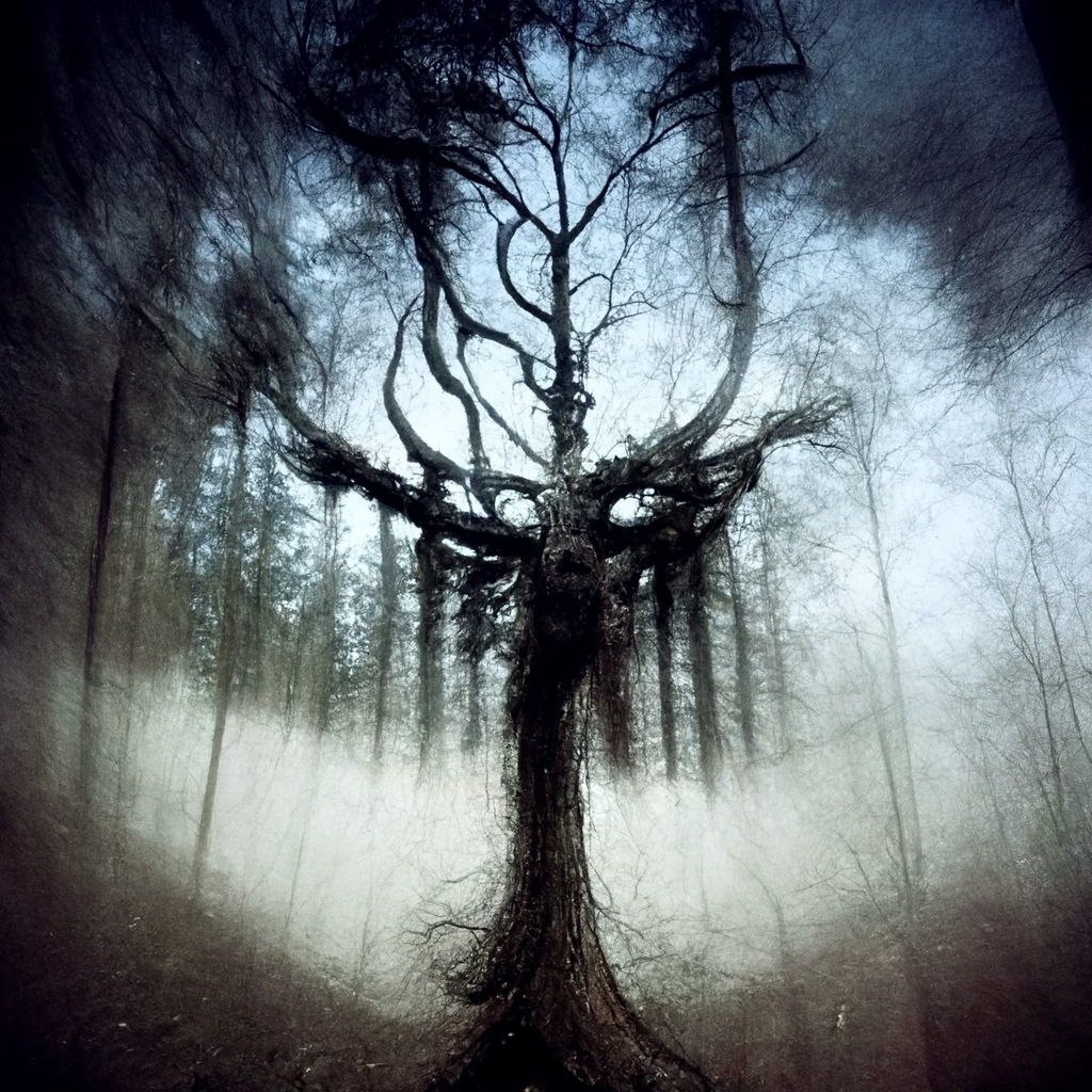 "half spirit half tree, moody forest" made with MidJourney