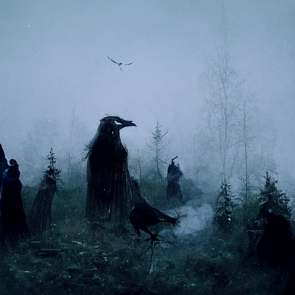 "a foggy norse ritual of the raven in the woods" made with MidJourney