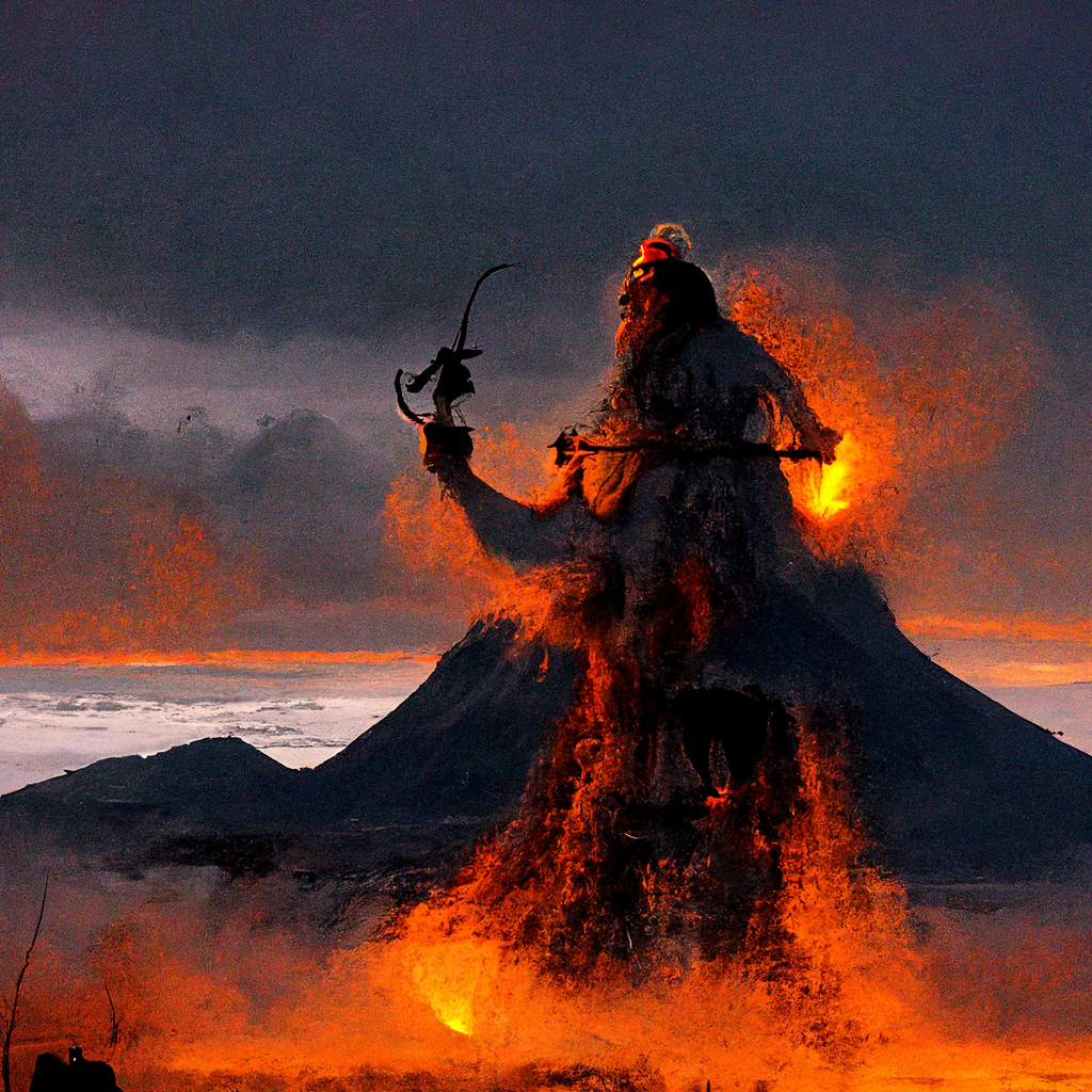 "ancient norse shaman overlooking an erupting volcano" made with MidJourney