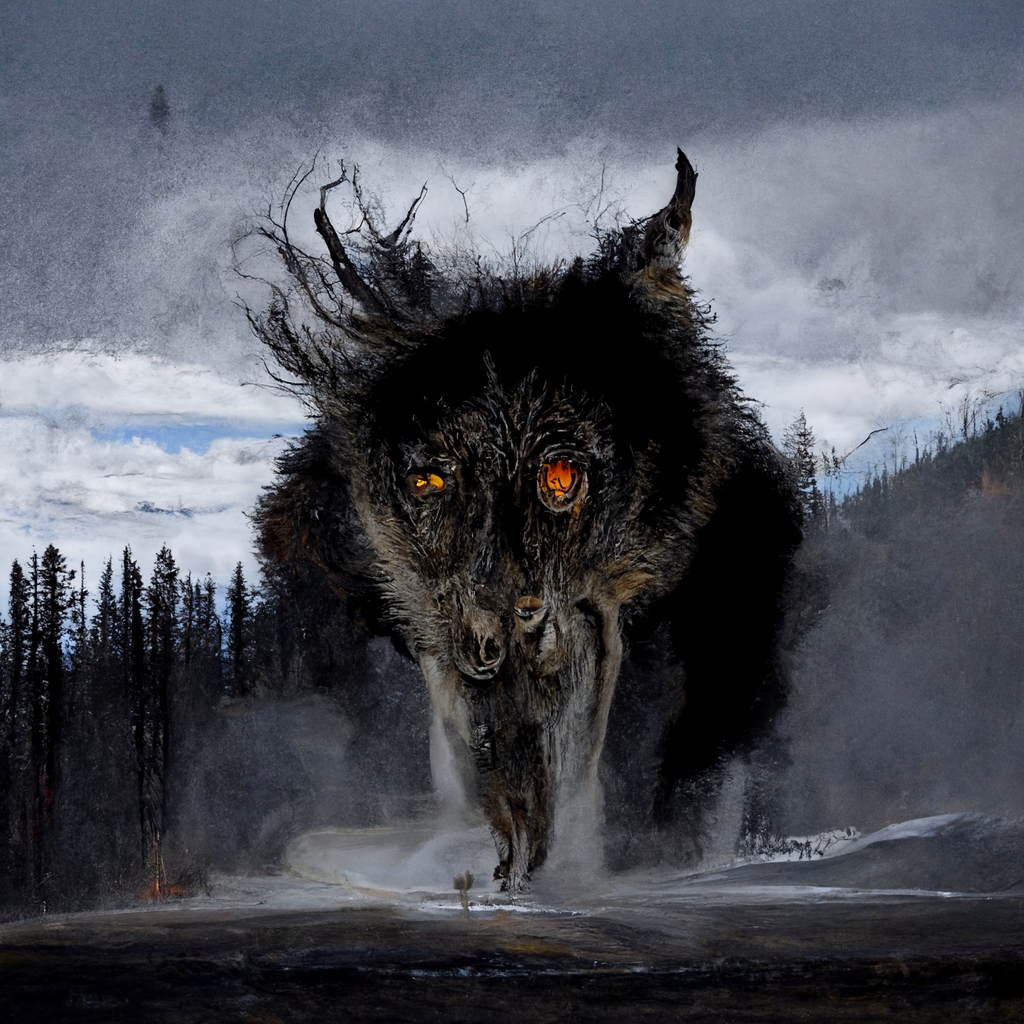 "ancient wolf spirit in yellowstone" made with MidJourney