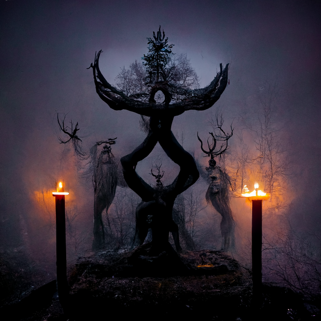 "an altar to the pagan forest spirits" made with MidJourney
