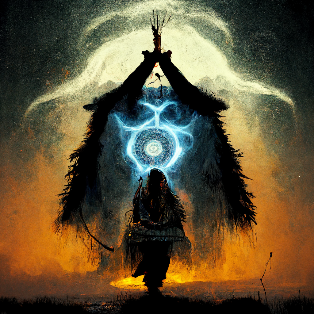 "shaman summoning the norse spirit of life" made with MidJourney
